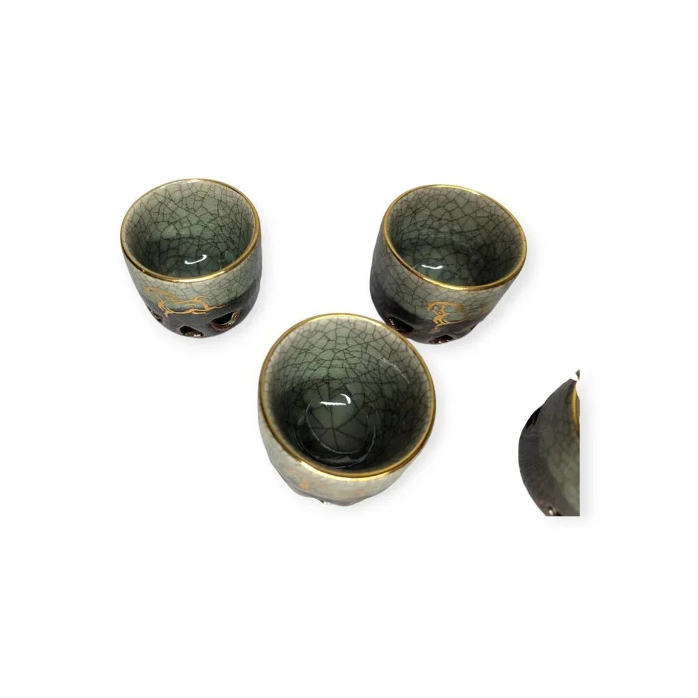 Japanese Somayaki Double Wall Saki Set Obori Soma-yaki Pottery Gold Horse Motif